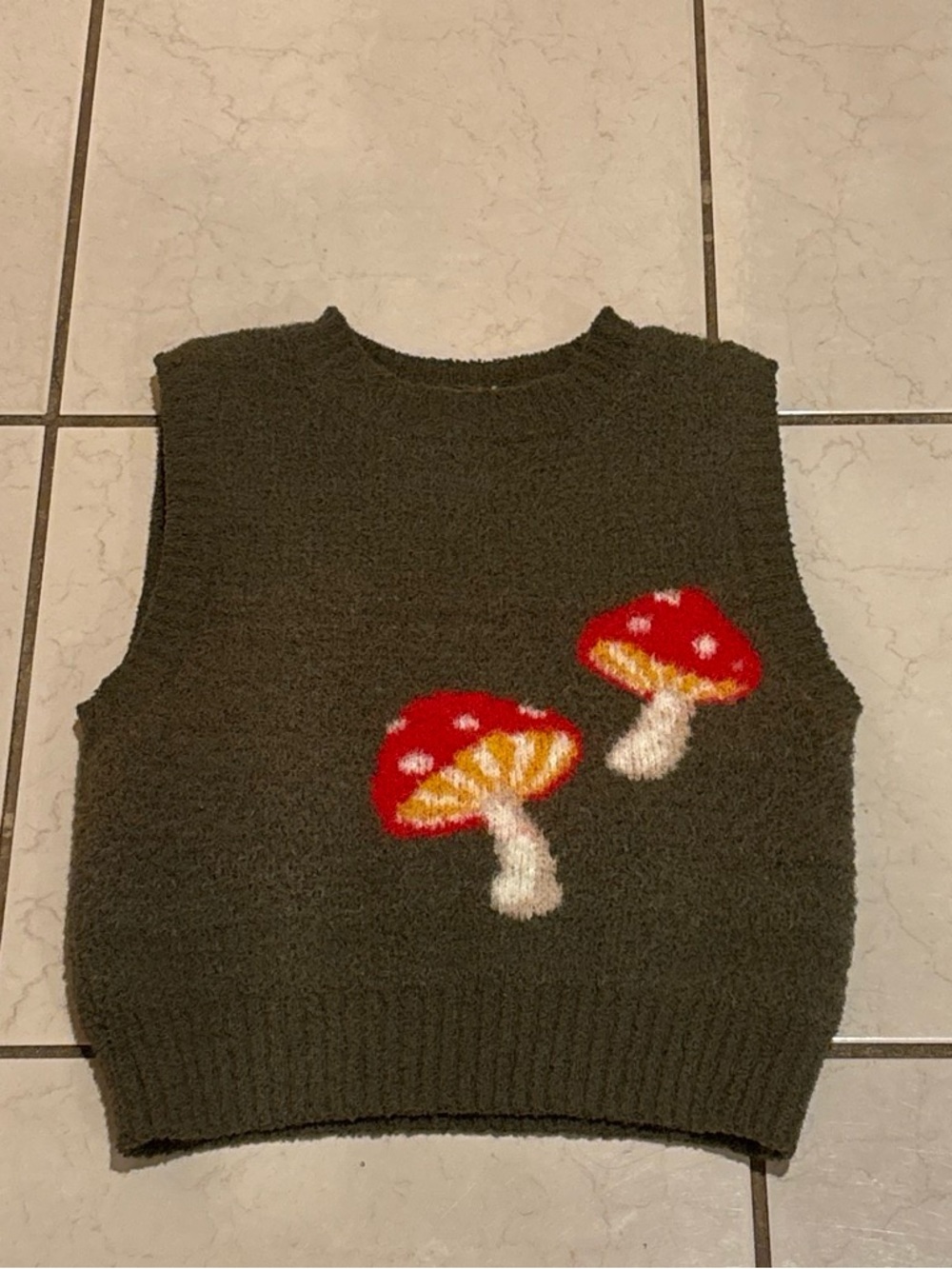 Forever 21 Olive Green Knit Mushroom Crewneck Sweater Vest